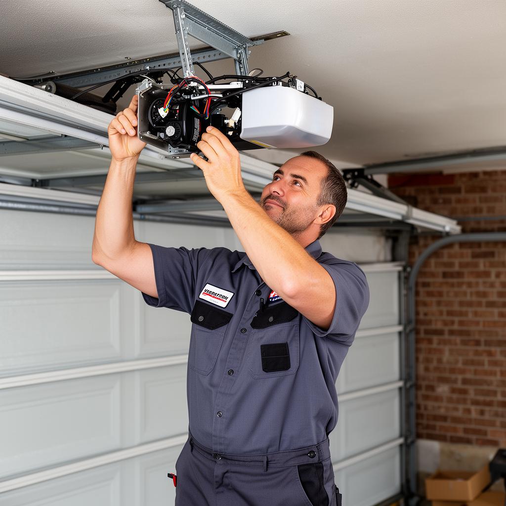 Experienced garage door technician adjusting opener motor - Grandview Garage Doors team